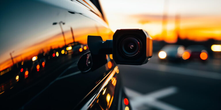Dashcam op de voorruit met uitzicht op de weg bij zonsondergang