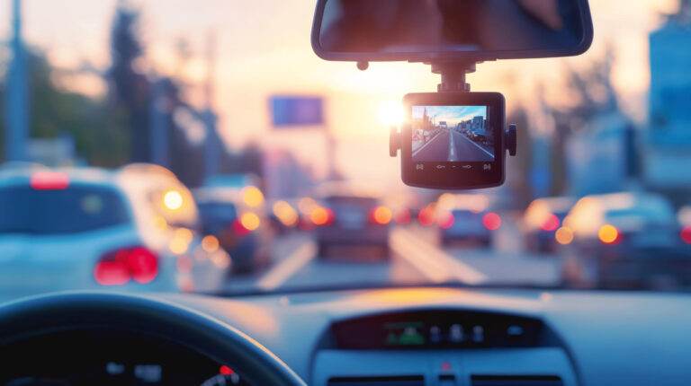 Dashcam achter de voorruit in druk stadsverkeer