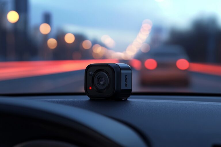 Compacte dashcam op het dashboard met verkeerslichten op de achtergrond