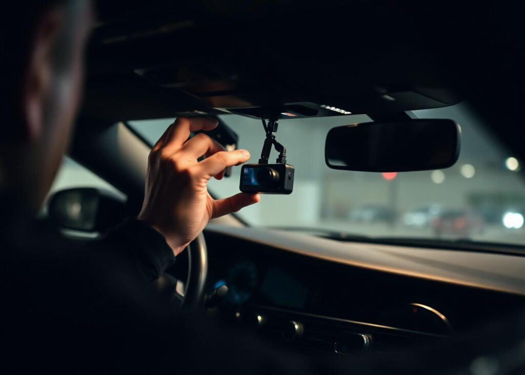 Dashcam wordt op locatie achter de binnenspiegel van een auto gemonteerd