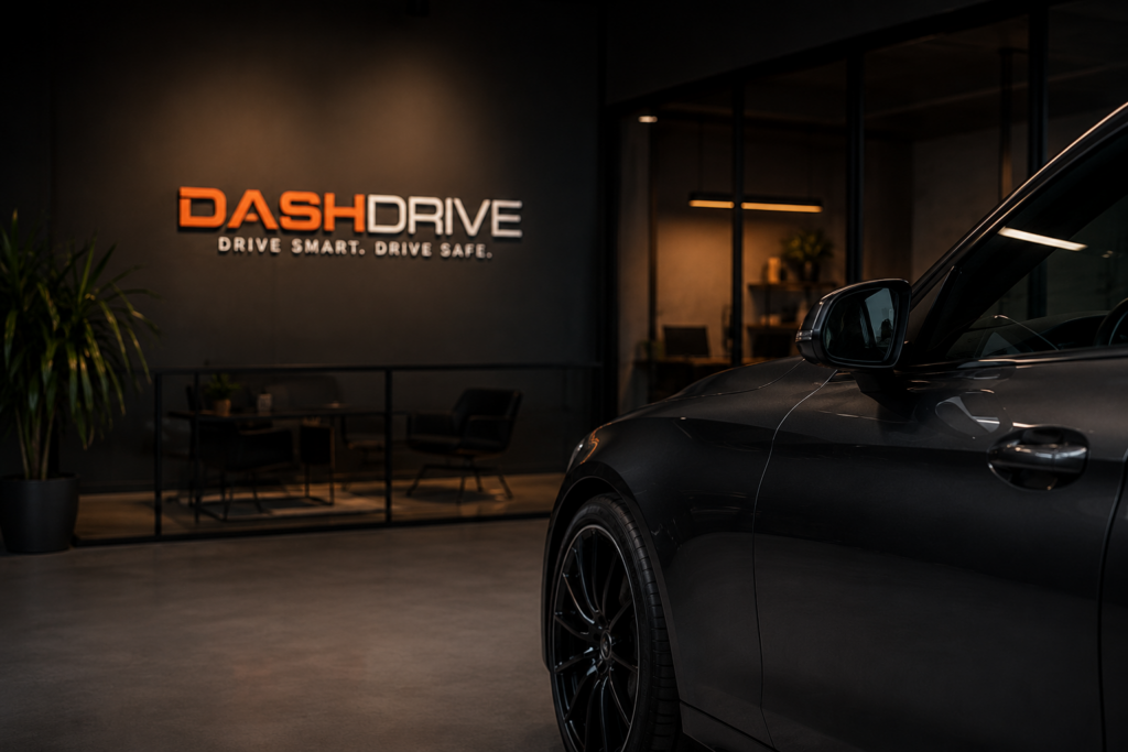 Donkere auto in de showroom van DashDrive