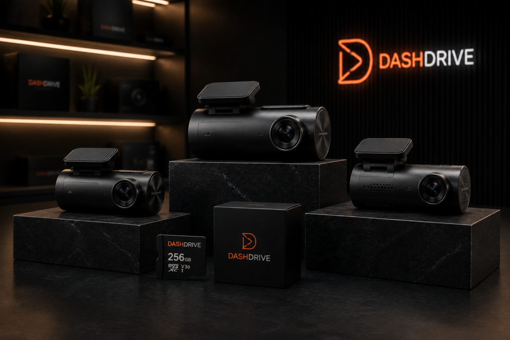 DashDrive-dashcams en geheugenkaart uitgestald op sokkels
