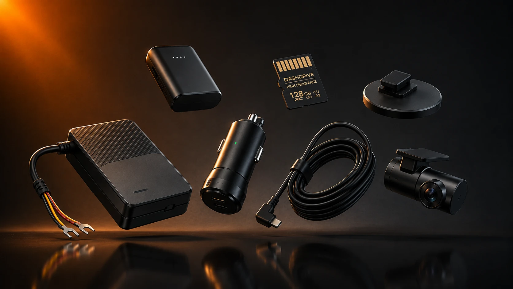 Accessoires voor dashcams: powerbank, autolader, geheugenkaart, kabel en houder