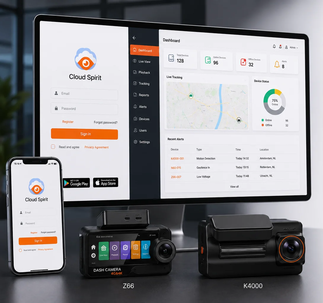 CloudSpirit fleetplatform weergegeven in de app