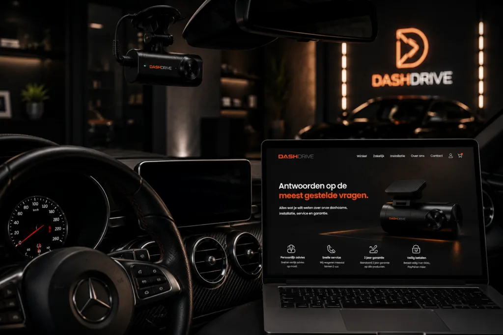 Interieur van een personenauto met een dashcam achter de voorruit