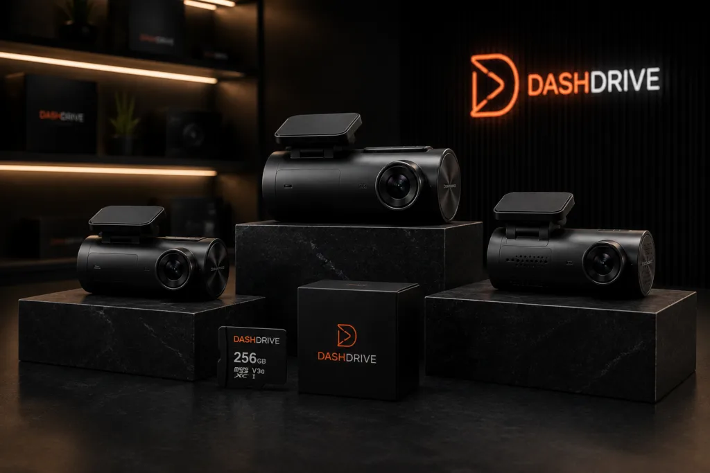 DDPAI-dashcams en geheugenkaart uitgestald op een tafel