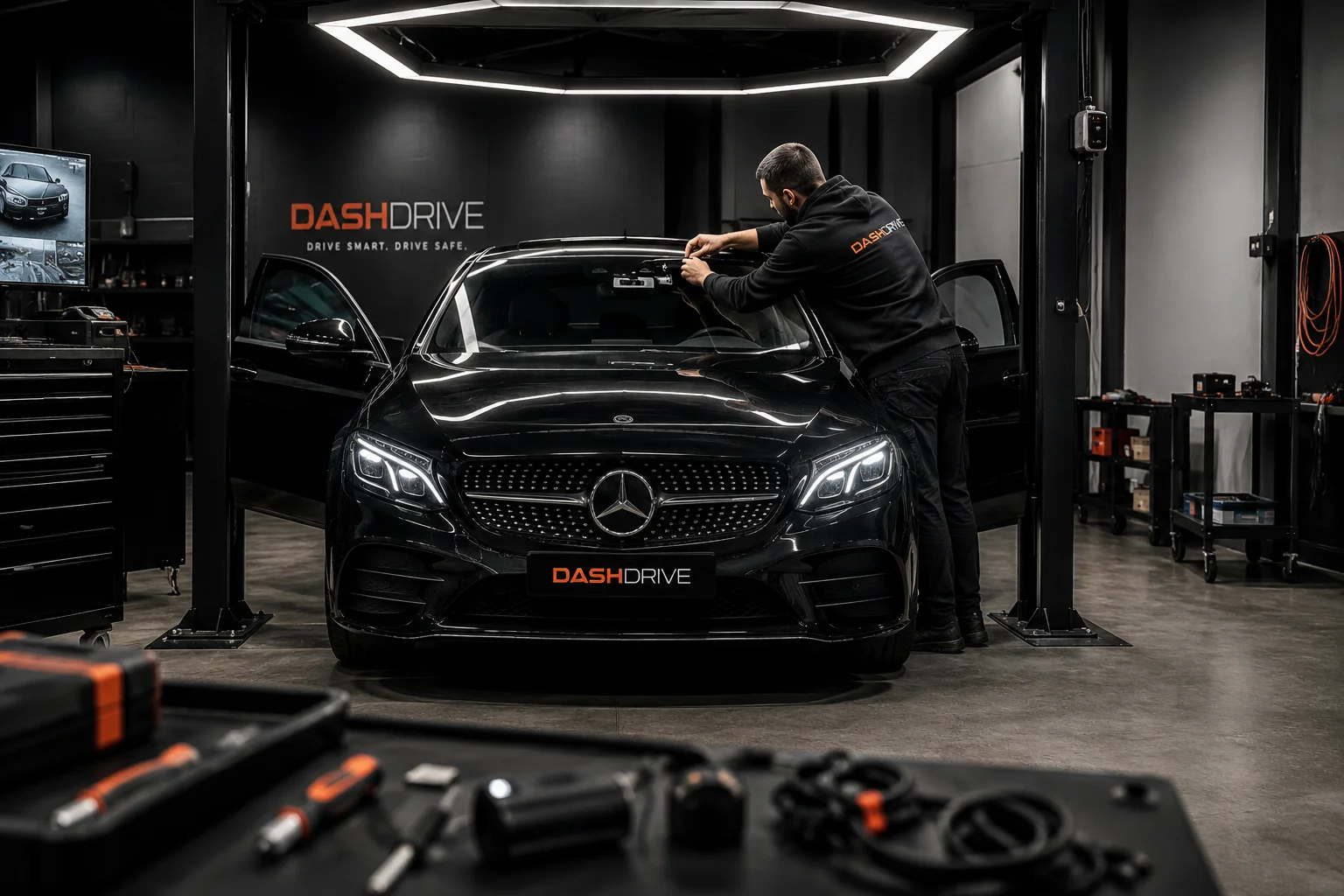 Monteur installeert een dashcam in een auto in de DashDrive-werkplaats