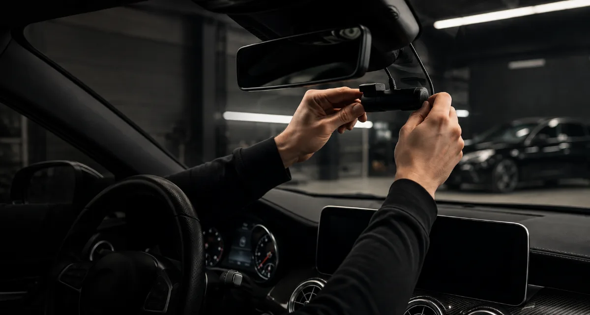 Bestuurder bedient de dashcam in het voertuig via de app