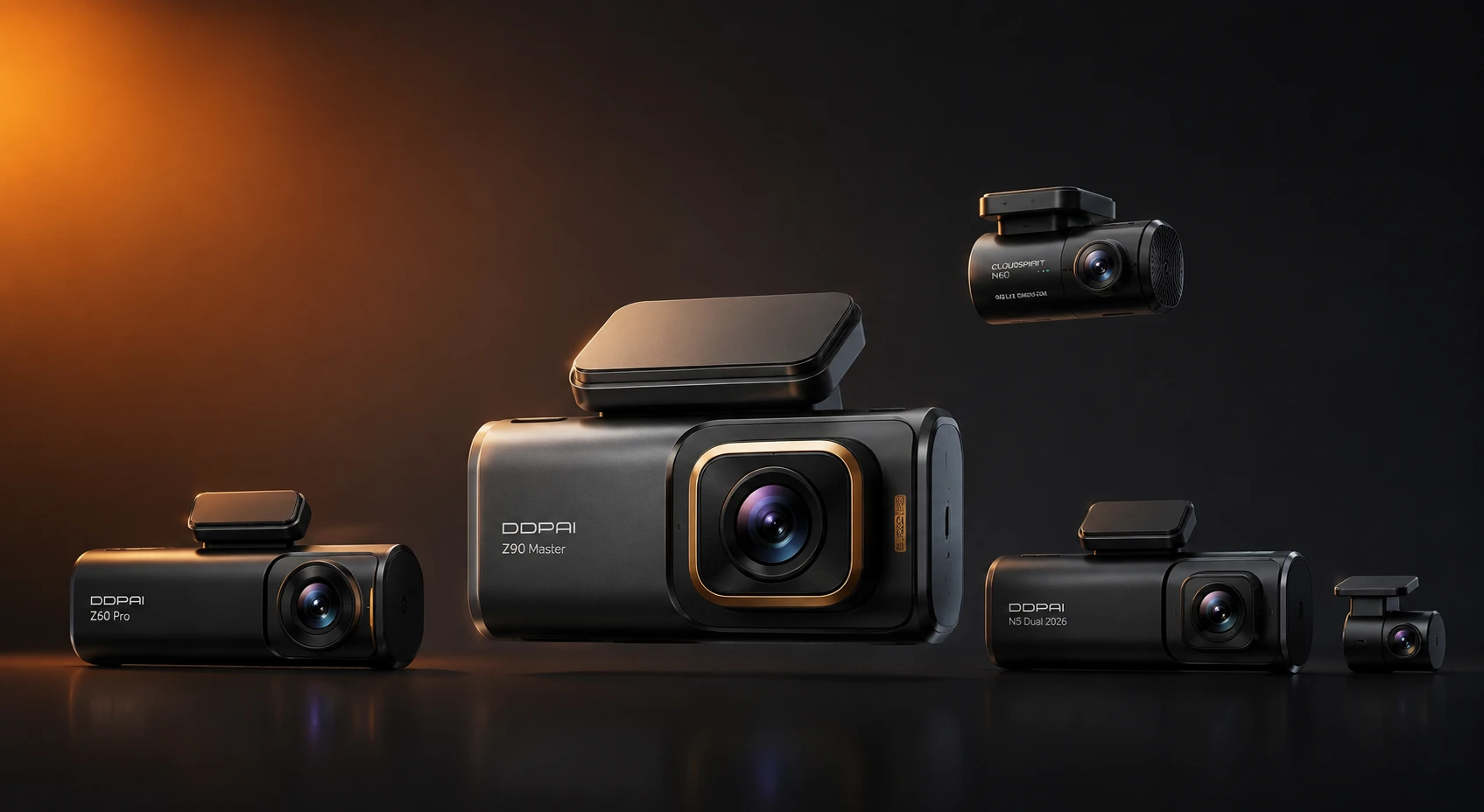 DDPAI-dashcams met voor- en achtercamera op een donkere achtergrond