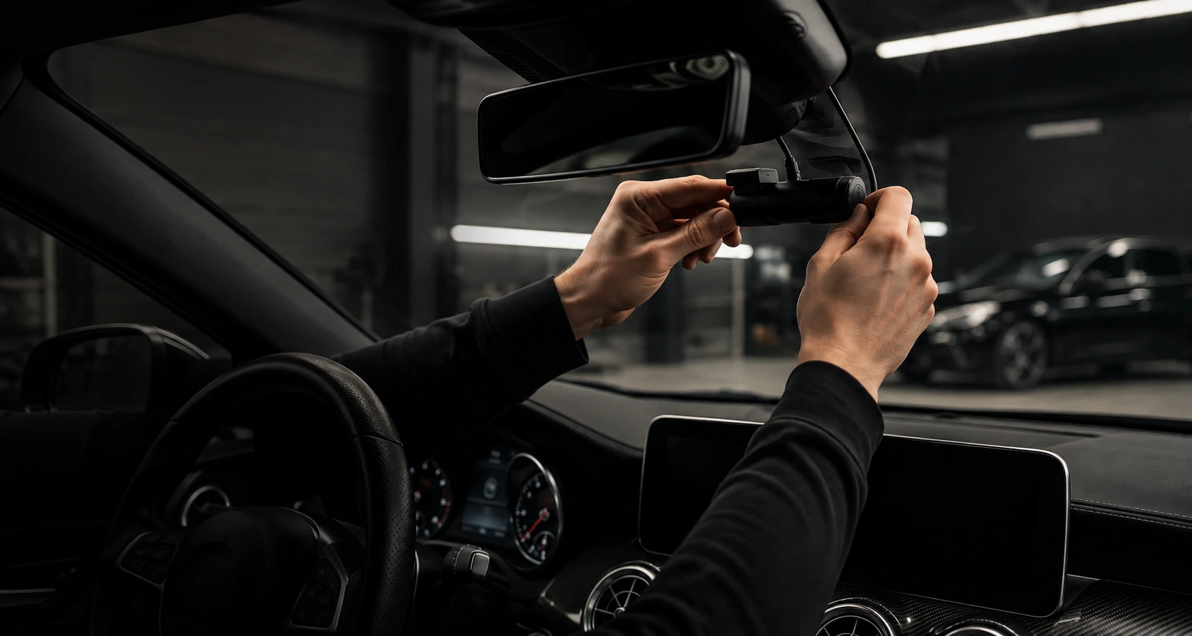 Monteur bevestigt een dashcam achter de binnenspiegel van een auto